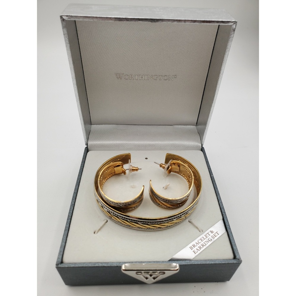 Vtg Worthington Cuff Bracelet & Pierced Earrings Gold & Silver Tone NIB